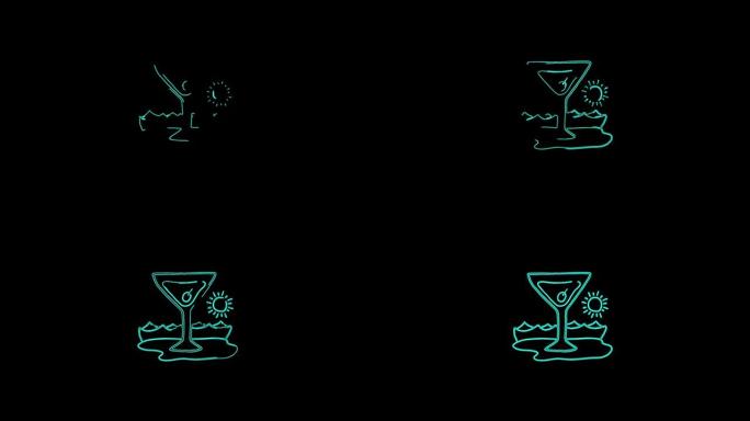 黑色背景上的鸡尾酒饮料图标动画线条。4k视频无缝霓虹灯线动画。饮料食物