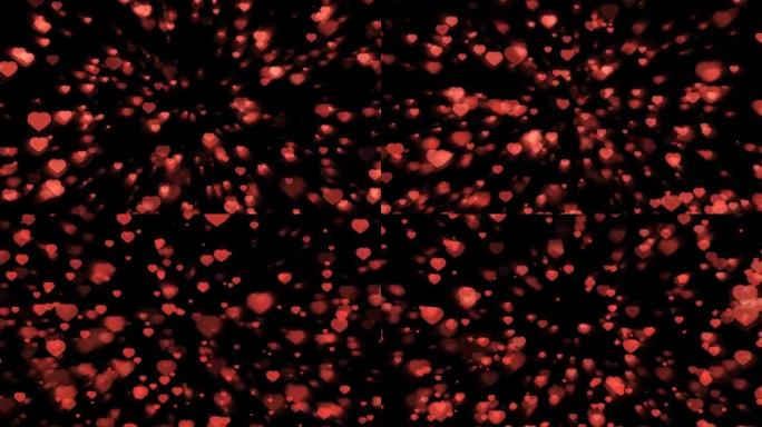 百万红心粒子和元素在黑屏上的上下比例快速眨眼和光线，情人节主题