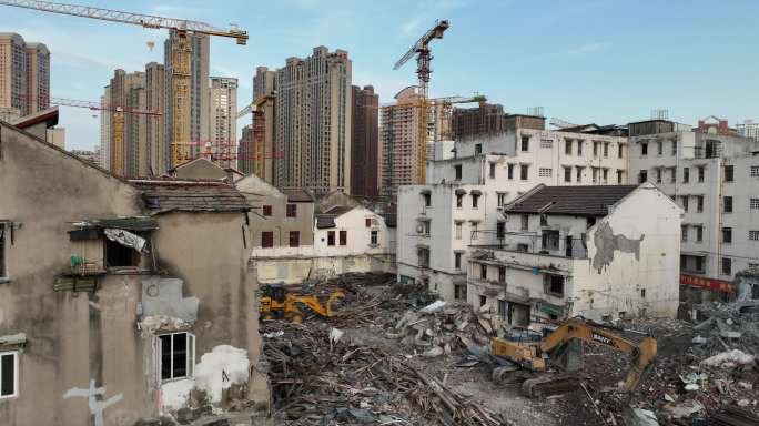 5K原素材-航拍正在拆迁改建的上海老房子