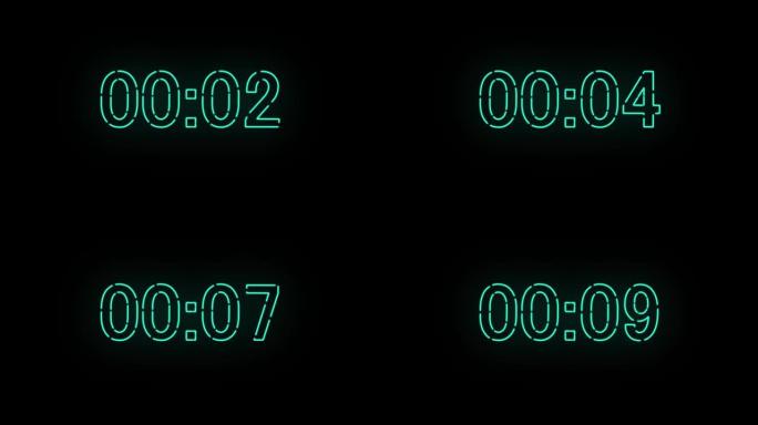 动画无缝背景霓虹灯数字时间计数从0到10。视频4k时钟滴答计时器。