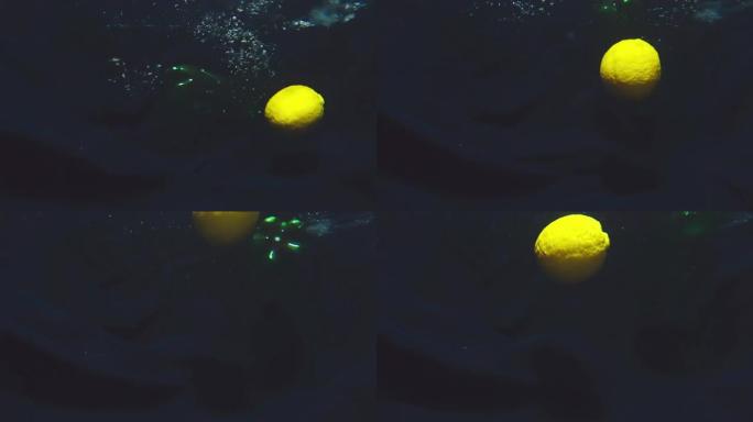 黄色柠檬漂浮在水中，塑料瓶液体从上方掉落