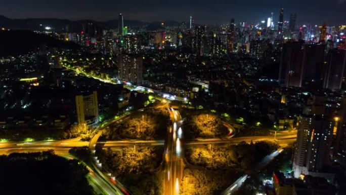 中国夜间深圳市交通路口空中全景4k延时