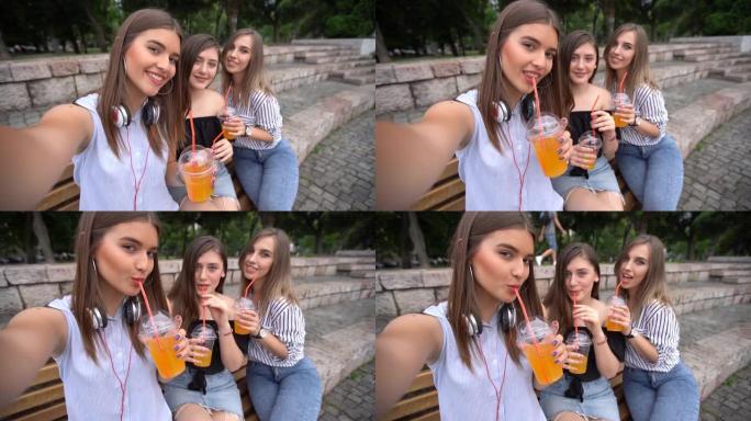 Three girlfriends making selfies