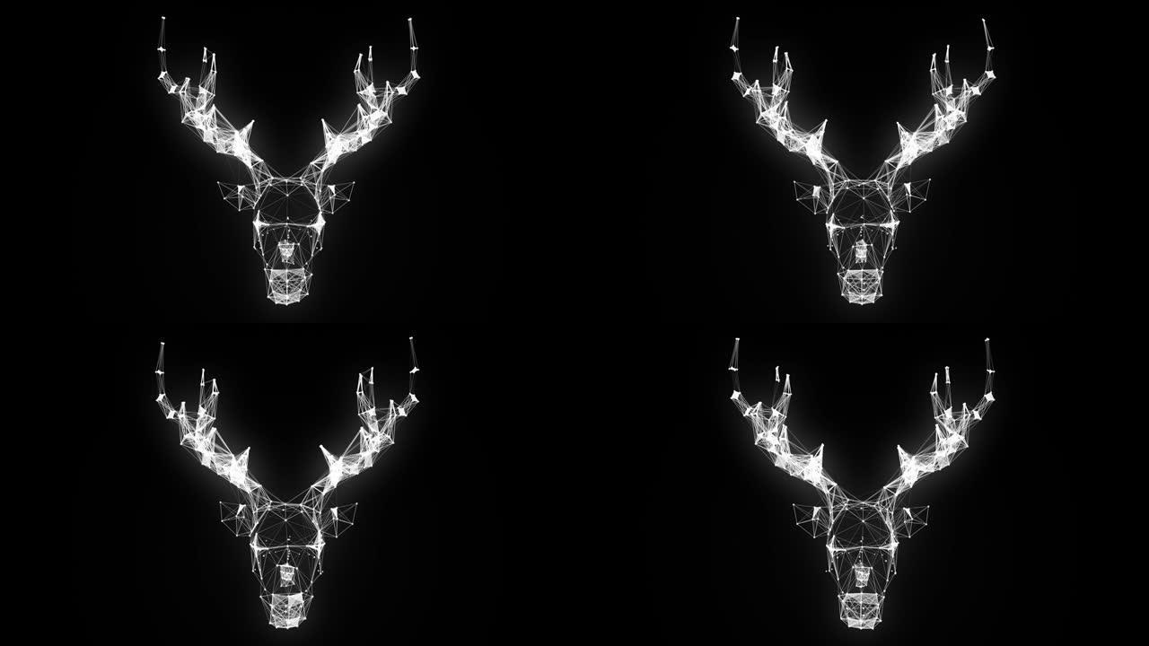 抽象多边形鹿设计。溶解的白色闪闪发光的颗粒图像动物三角艺术鹿与角。3D运动。3d渲染