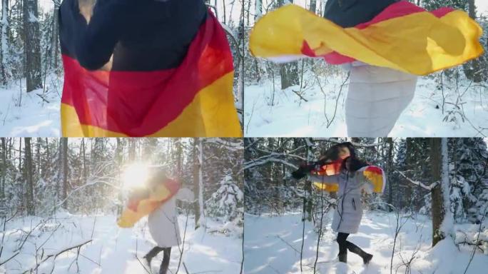冬季光环中带着德国国旗的女孩