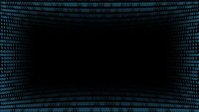 深色背景上的蓝色数字二进制代码，中间屏幕中有黑色空间。流二进制矩阵代码。编码、黑客或挖掘比特币加密货