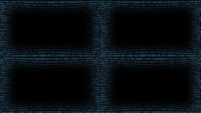 深色背景上的蓝色数字二进制代码，中间屏幕中有黑色空间。流二进制矩阵代码。编码、黑客或挖掘比特币加密货