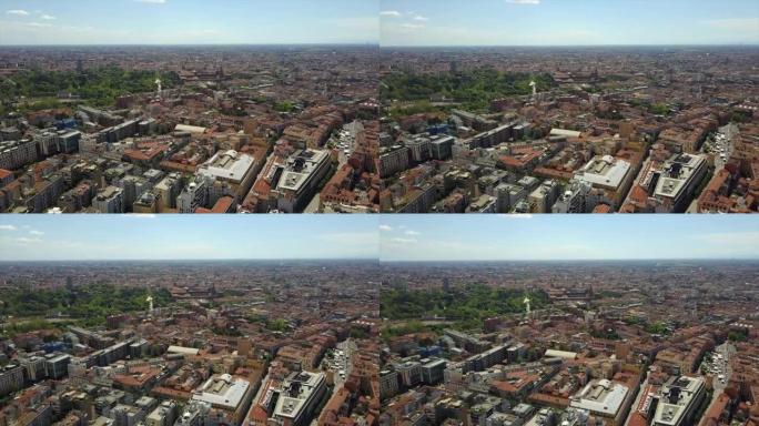 阳光灿烂的一天米兰市中心区城堡空中全景4k意大利