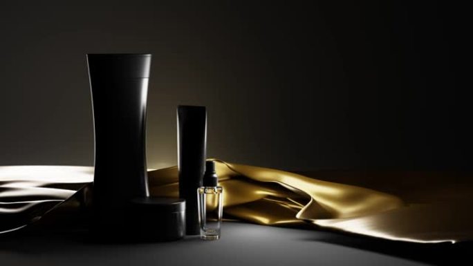 丝绸折叠金色织物上的化妆品包装线。哑光黑瓶洗发水，奶油管，一罐护发素，玻璃烧瓶香水或胡须喷雾油在夜晚