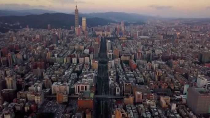 台湾日落台北市容中心名塔空中全景4k