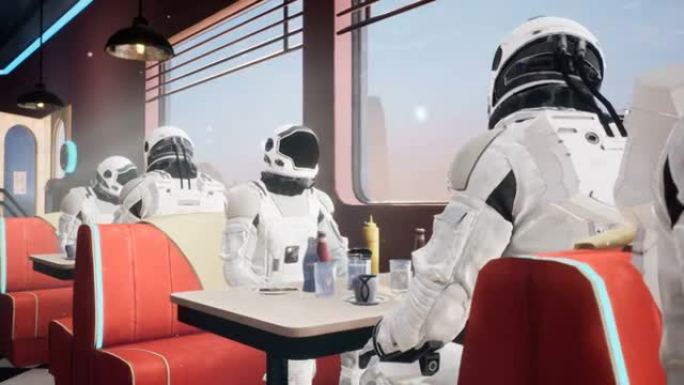 在遥远的红色星球上，宇航员在当地一家餐馆吃午餐。该动画适用于梦幻般的，未来派或太空旅行背景。