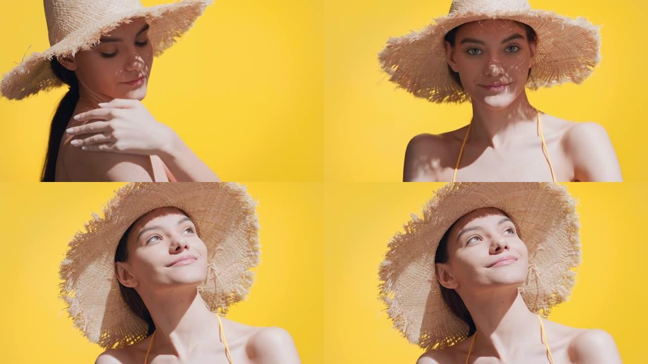 戴帽子的女人将防晒霜放在肩膀上，享受阳光