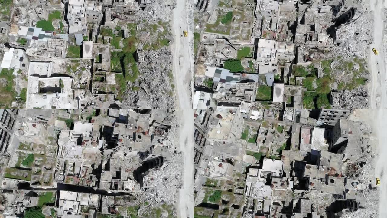 从空中俯瞰叙利亚阿勒颇中部古城建筑。即使在4K战争结束10年后，我们仍然可以看到建筑物被毁