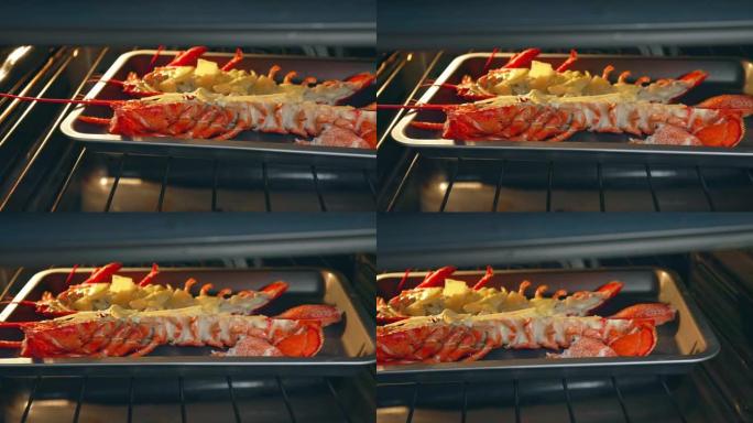 在4k烤箱中用黄油红龙虾腌制的烧烤特写镜头。