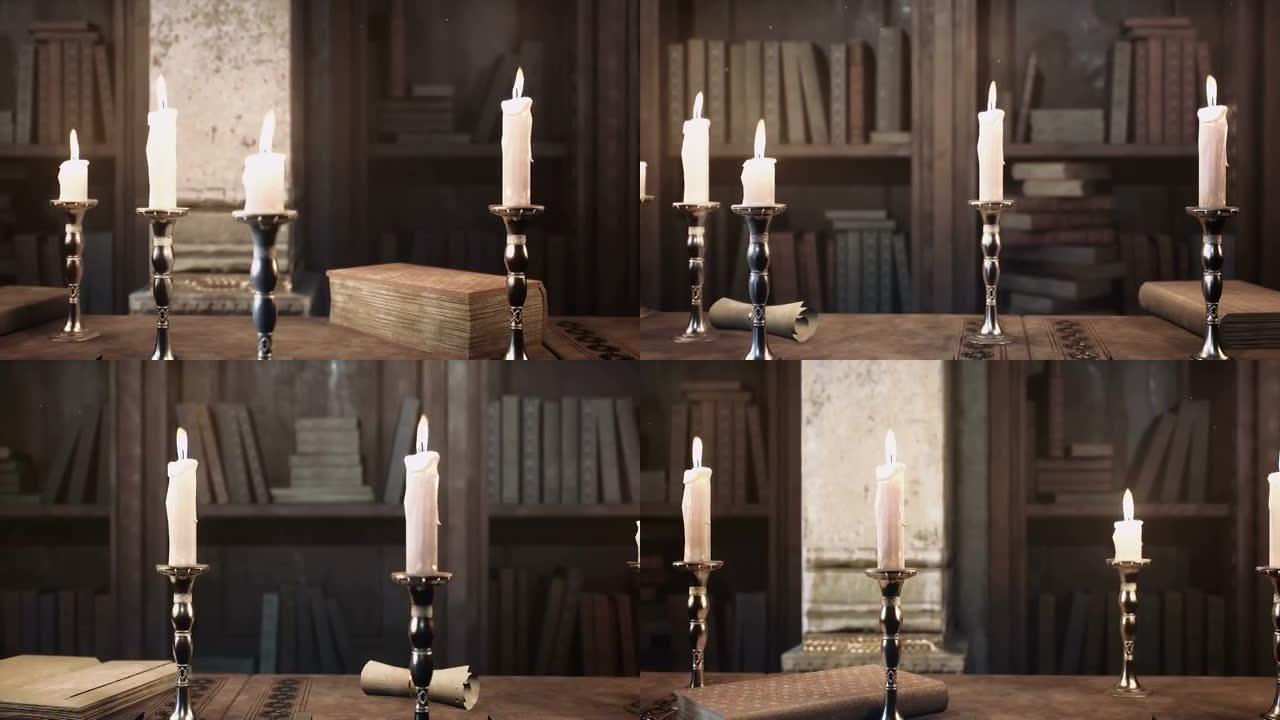 中世纪古城堡中炼金术士桌上的蜡烛。动画为幻想、魔法或历史背景。