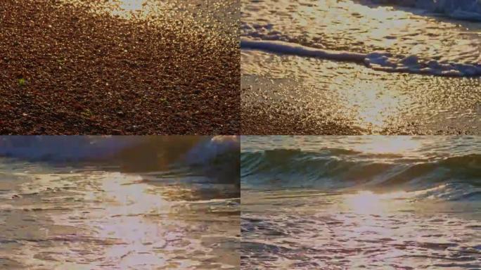 沙质海岸到日落海的倾斜镜头