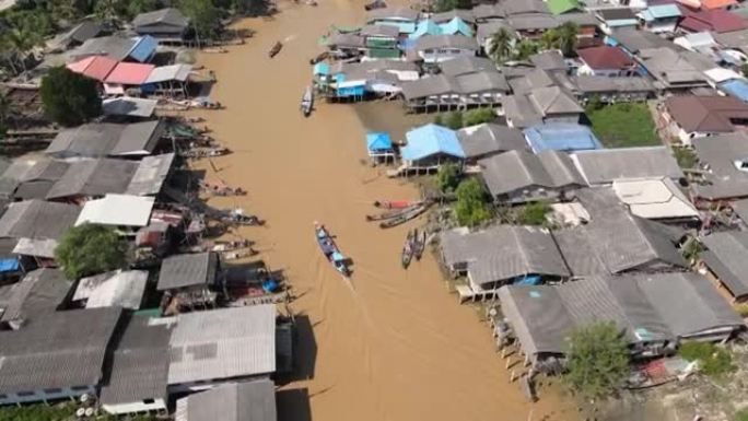 泰国素叻他尼渔民村和河流的鸟瞰图