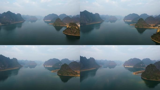 广西靖西渠洋湖日出朝霞喀斯特山水风光航拍