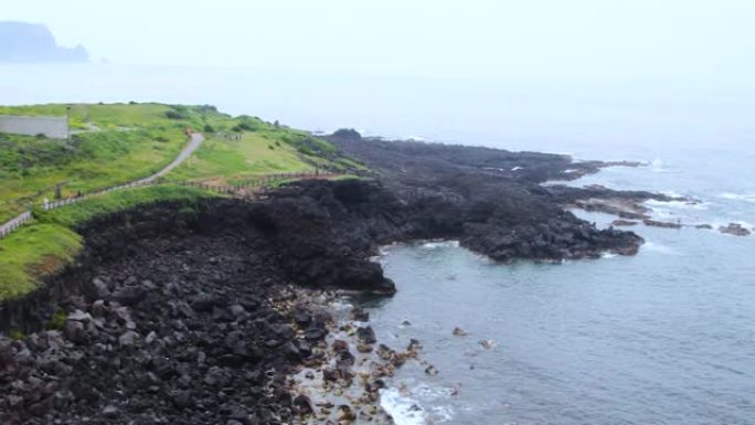 济州Seopjikoji岩石海滩上美丽的绿色景观。