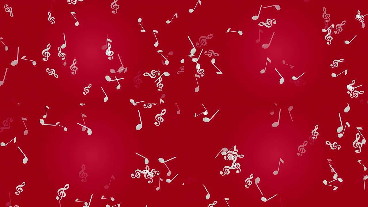 4k抽象可循环高音谱号和音乐音符动画，红色背景