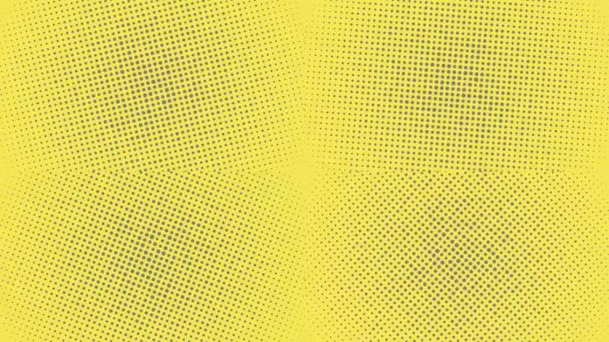 黄色背景上带有灰色圆点的抽象半色调圆形。时尚调色板运动图形
