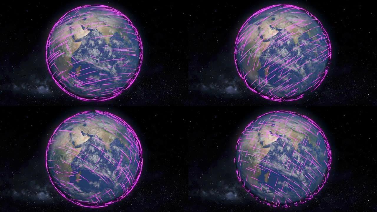 3D发光霓虹灯线围绕地球行星移动。电信，网络，网络或wifi的概念在世界范围内传播。