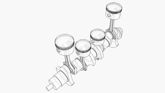 曲轴和四个活塞的动画。线框或蓝图样式