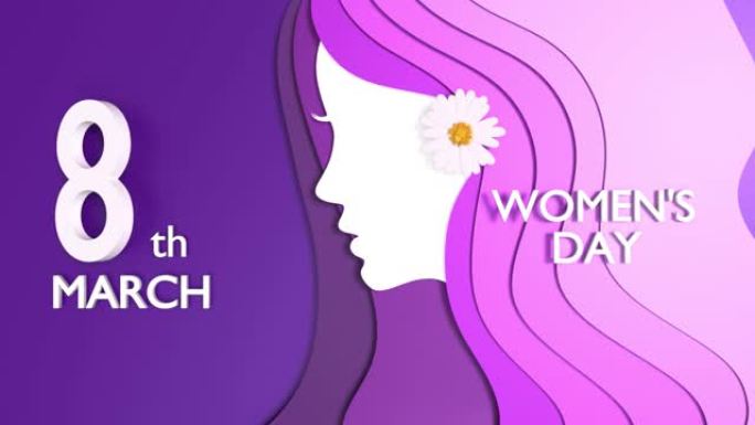 可循环的3月8日妇女节文本和带有花朵的女性剪影，以4k分辨率庆祝3月8日国际妇女节