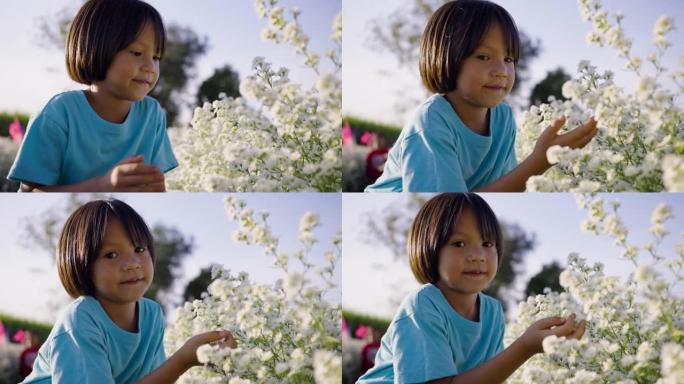 小女孩享受着田野盛开的花朵的美丽