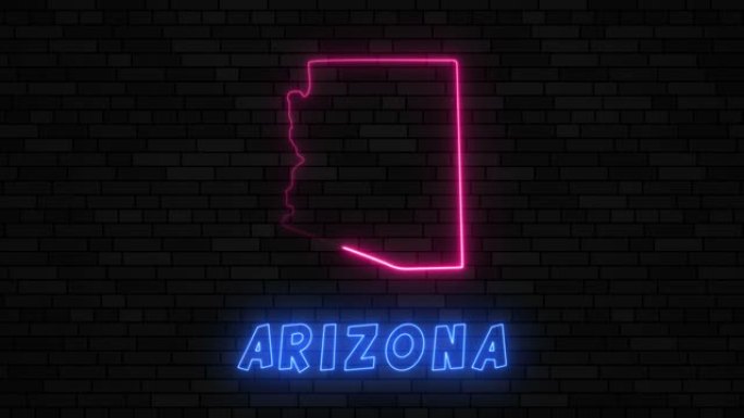 亚利桑那州地图剪影，深色砖墙背景上有霓虹灯线