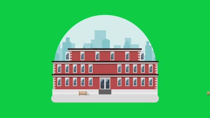色键绿色屏幕上带有城市背景的学校建筑动画