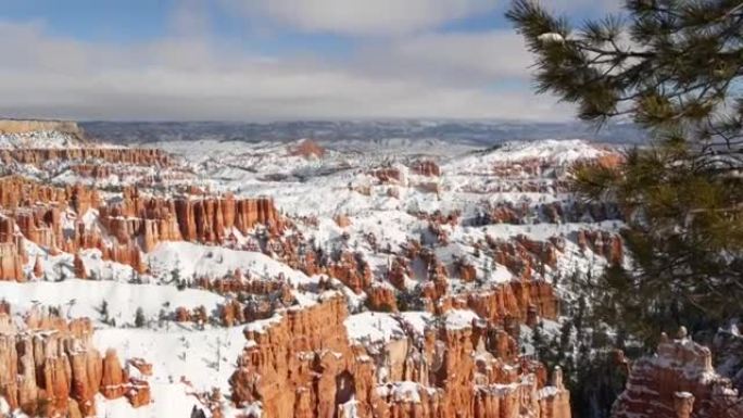 冬天的布莱斯峡谷，美国犹他州的雪。圆形剧场中的Hoodoos，侵蚀浮雕，全景远景点。独特的橙色形成。