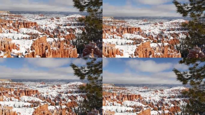 冬天的布莱斯峡谷，美国犹他州的雪。圆形剧场中的Hoodoos，侵蚀浮雕，全景远景点。独特的橙色形成。