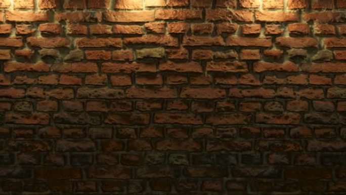 空砖墙带温暖的光线，复制空间。砖墙背景上的灯光效果。空背景。无缝循环3d渲染。