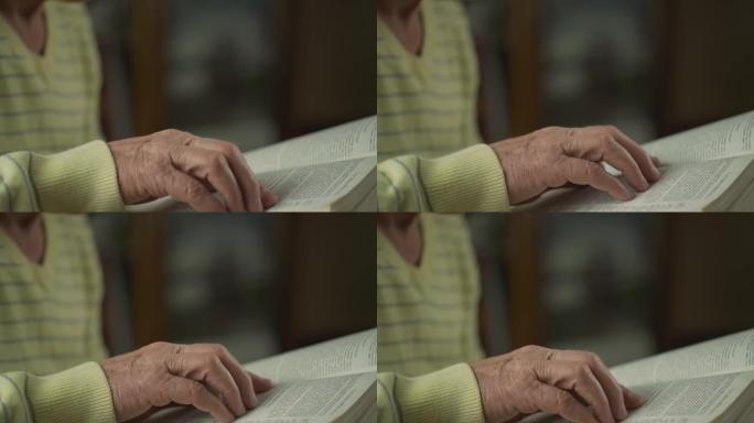 一个满是皱纹的手用食指在翻开的书页上摸来摸去。