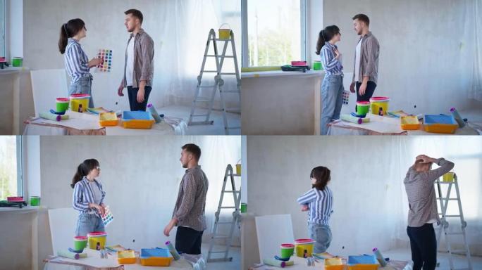 年轻夫妇争论新家的墙壁颜色，装修期间的家庭关系问题