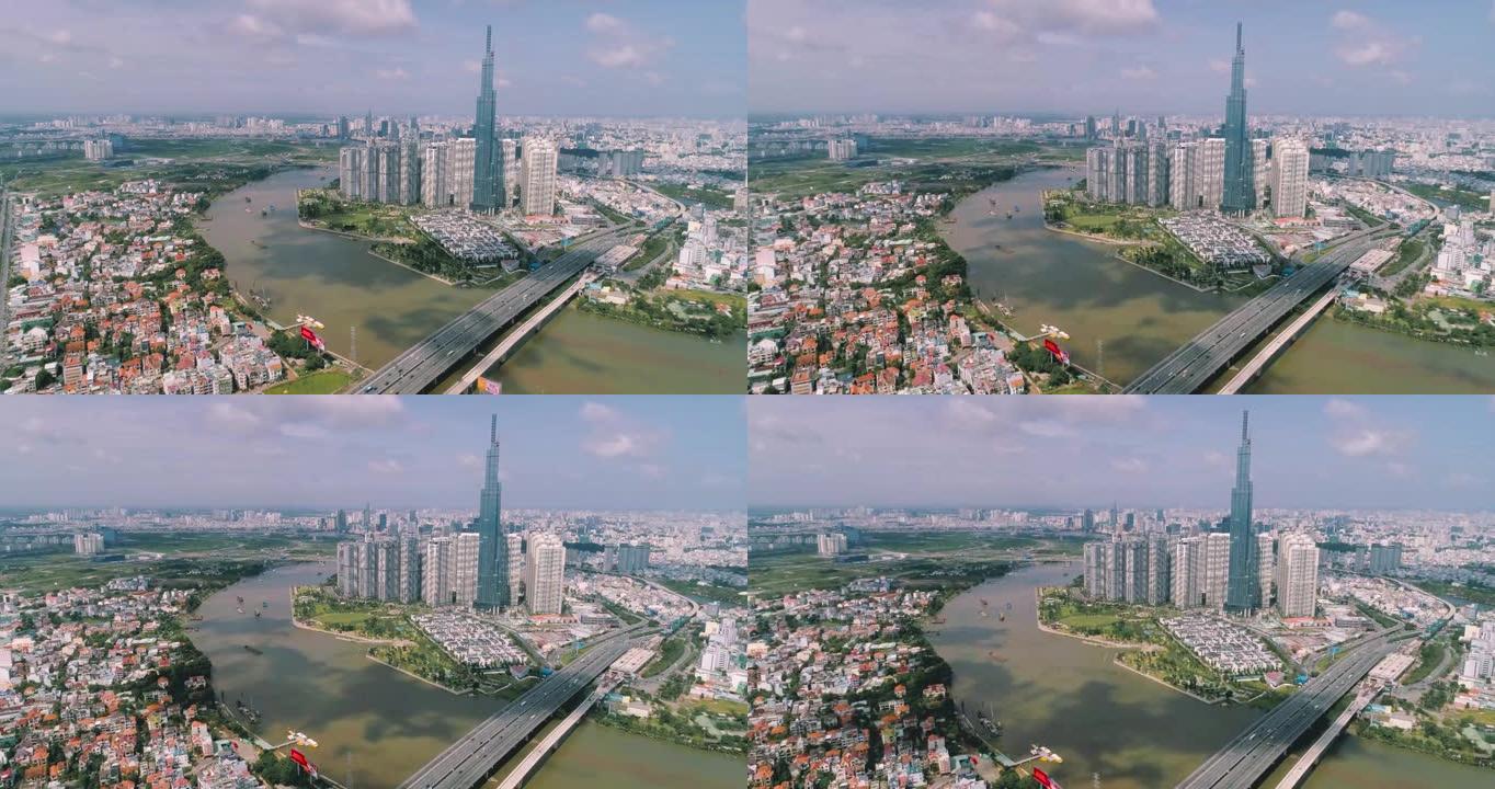 越南胡志明市西贡河和地标81摩天大楼的鸟瞰图