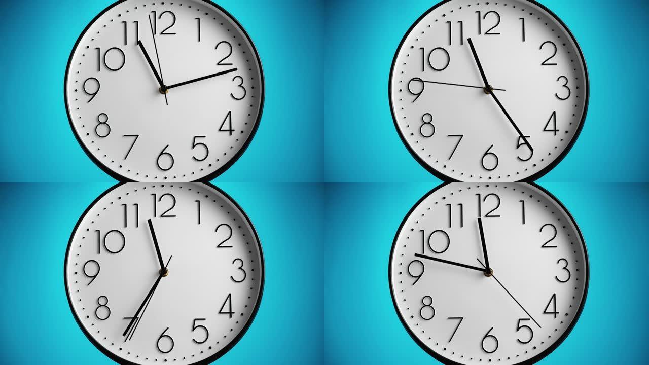 蓝色背景上的白色挂钟。一小时到12点，延时。时间概念。