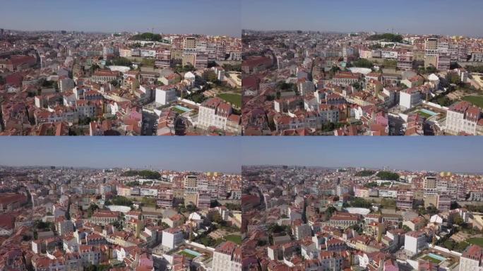 里斯本城市景观阿尔法玛区屋顶空中全景4k葡萄牙