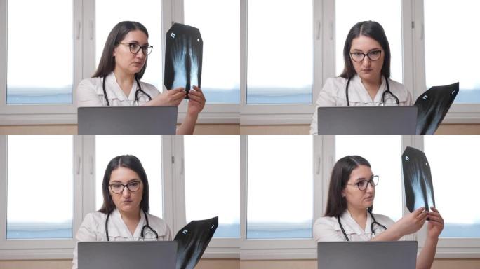 戴眼镜的医生在办公室检查脚的x射线照片
