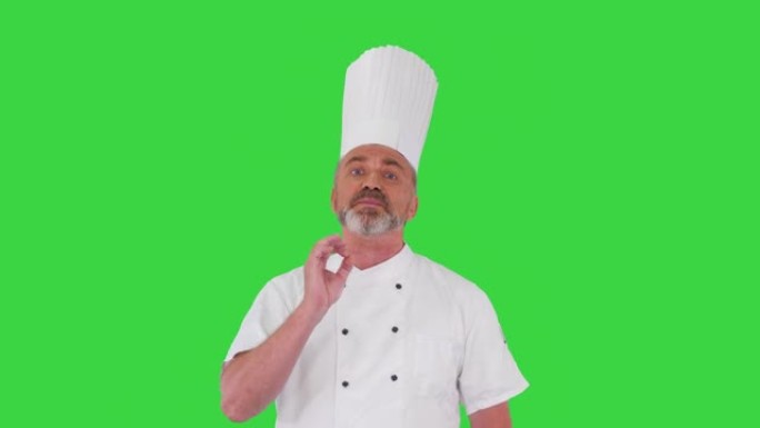 成熟的厨师与相机交谈，在绿色屏幕上解释某些东西，色度键