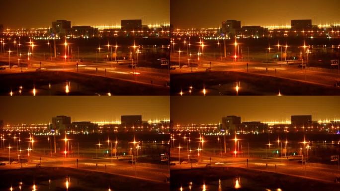 凌晨灯光星芒马路车辆延时摄影