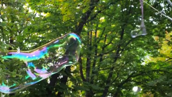 孩子们在公园里玩肥皂泡。美丽的大肥皂泡在树木附近飞舞。肥皂泡显示。户外活动儿童。孩子打破了一个巨大的