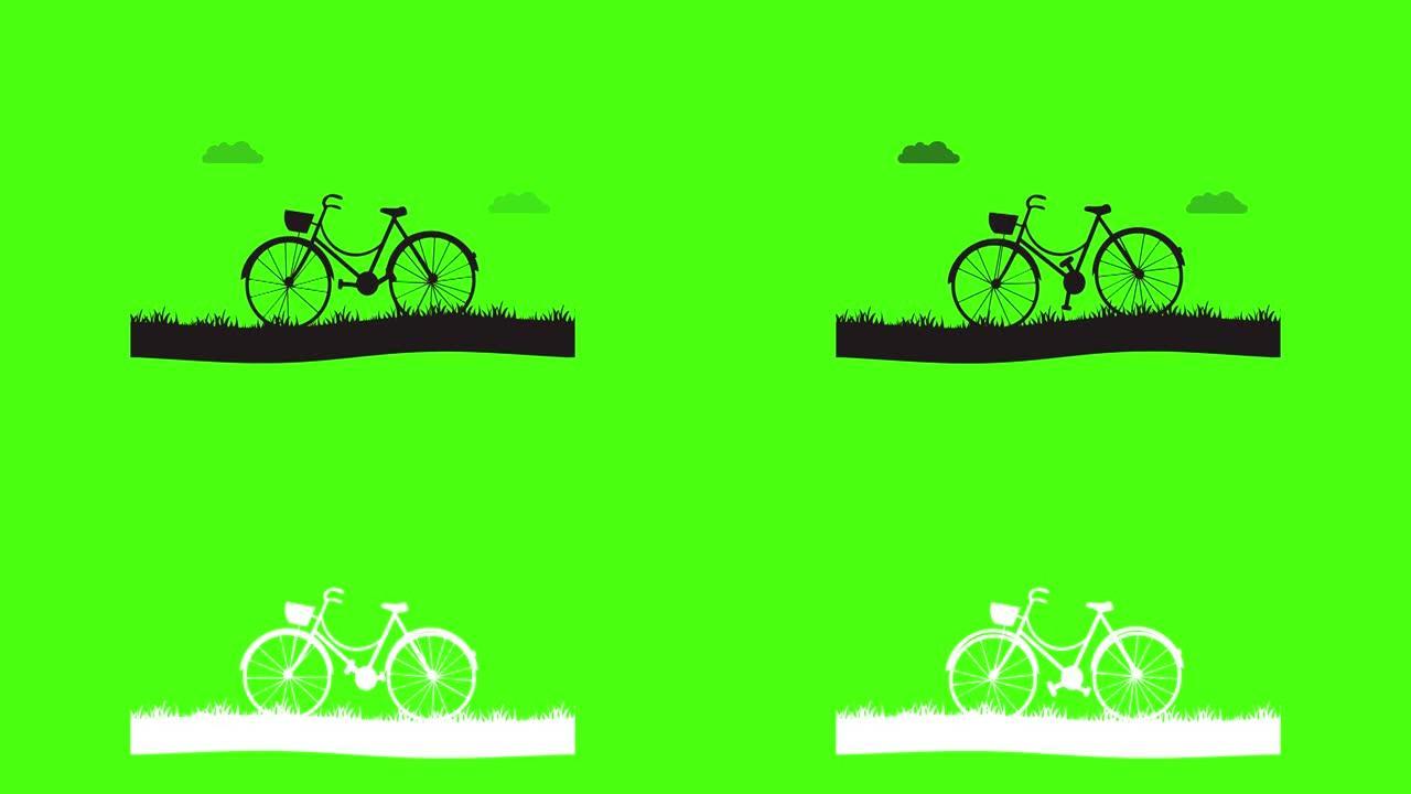 自行车图标动画与草路和云。