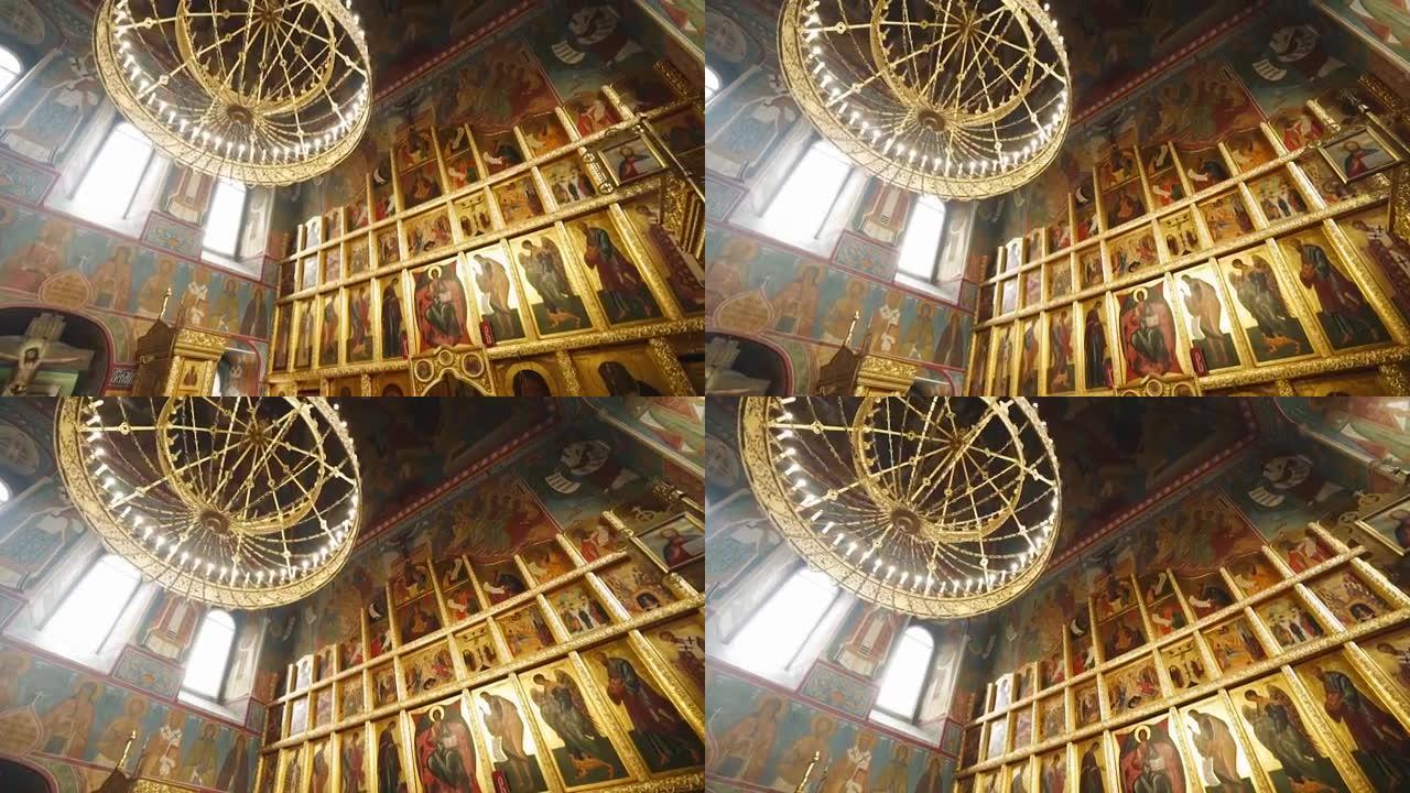 东正教教堂美丽的内部。拍摄是用广角镜在建筑物内部进行的