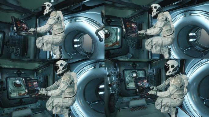 宇航员在宇宙飞船上零重力的笔记本电脑上工作。该动画适用于科幻，未来派或太空旅行背景。