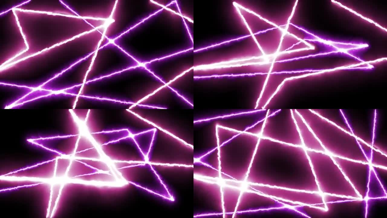 火激光表演动画。光线，激光发出紫色的颜色。燃烧80年代风格的激光束。横向构图，4k视频质量