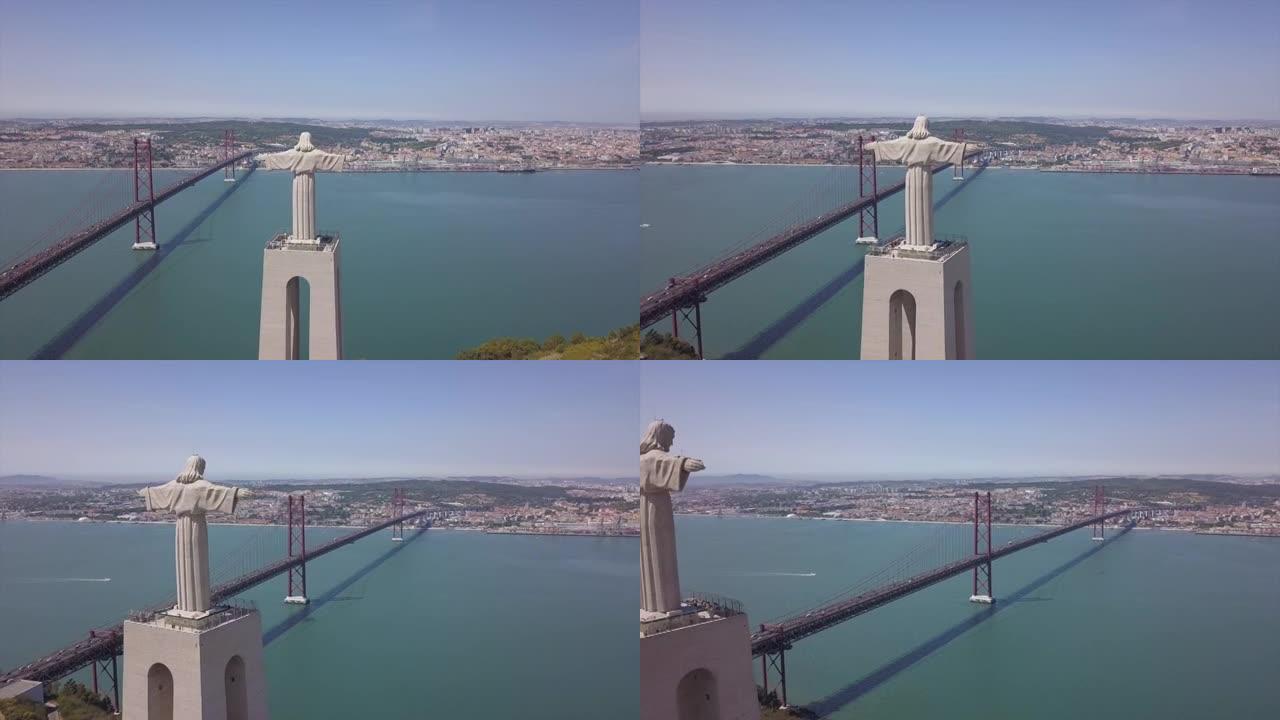 阳光灿烂的一天里斯本市基督国王著名纪念碑航空全景4k葡萄牙