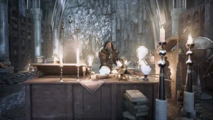 一位老巫师正在他的古城堡里练习战斗魔法。动画为幻想、魔法或历史背景。