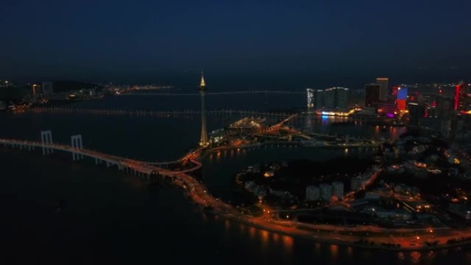 夜景照明珠海市澳门城市景观航空全景4k中国